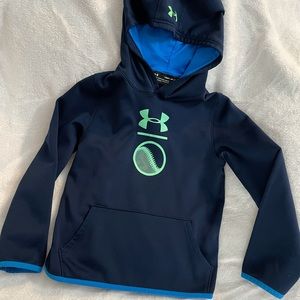 Kids Under Armour pullover hoodie. Navy color with green logo